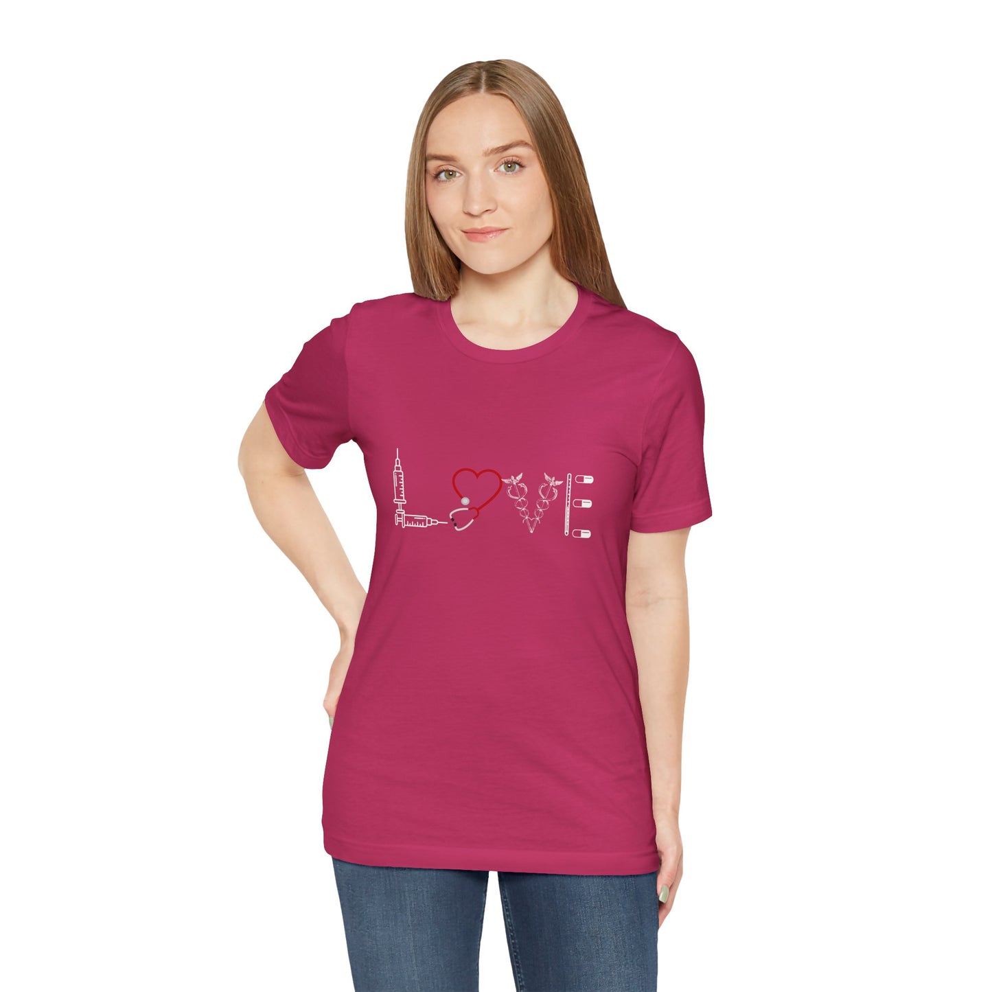 Nurse Tee Love Symbol Medical Tools Unisex Jersey Short Sleeve T-Shirt